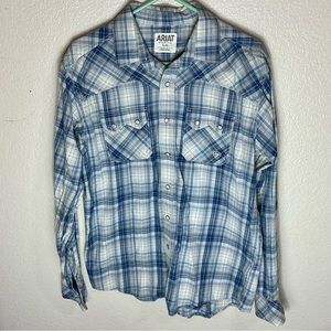 ARIAT blue plaid pearl snap button down western shirt large